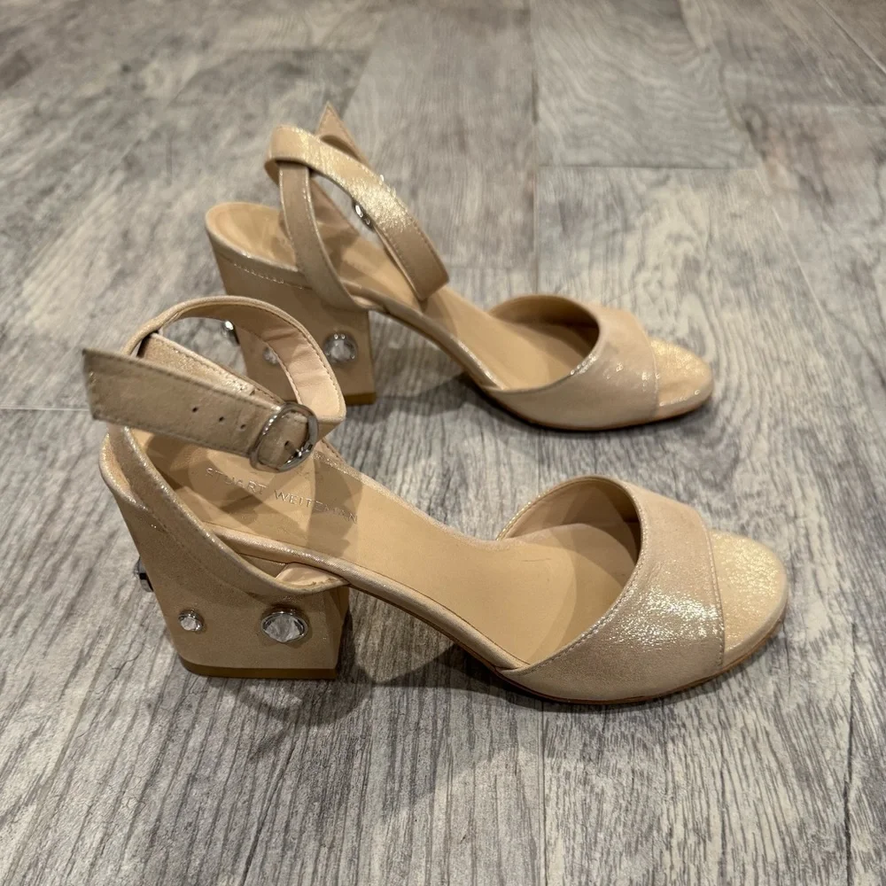 Stuart Weitzman nude shimmer Allshine block heels
